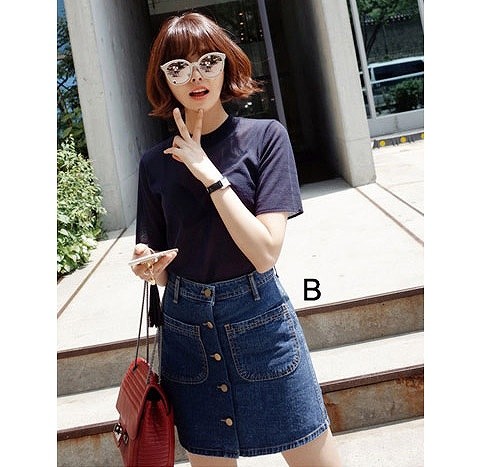 レディース　ハイウエスト　ミニ　スカート　デニム　ジーンズ　前ボタン　水色　ブルー　青　送料無料