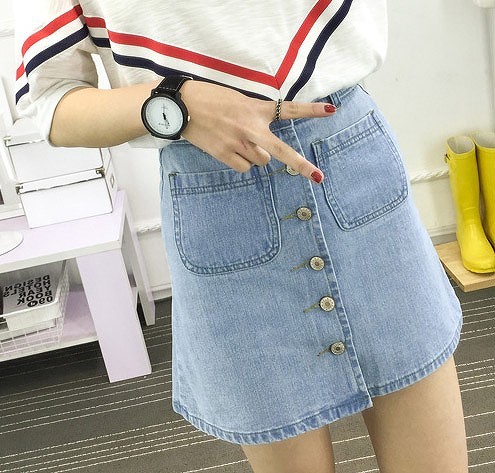 レディース　ハイウエスト　ミニ　スカート　デニム　ジーンズ　前ボタン　水色　ブルー　青　送料無料