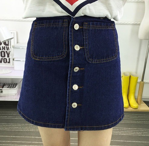 レディース　ハイウエスト　ミニ　スカート　デニム　ジーンズ　前ボタン　水色　ブルー　青　送料無料