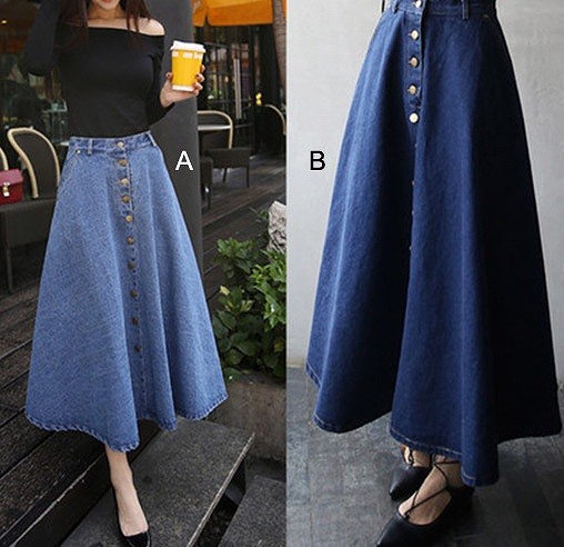 レディース　スカート　ミモレ丈　ロングスカート　マキシスカート　フレアスカート　デニム　ジーンズ　ブルー　青　送料無料