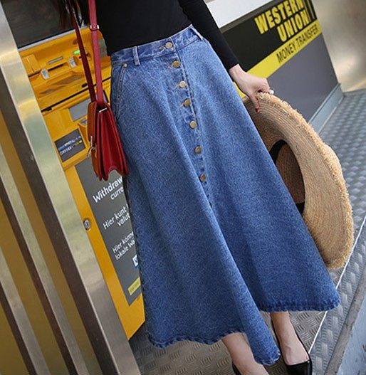 レディース　スカート　ミモレ丈　ロングスカート　マキシスカート　フレアスカート　デニム　ジーンズ　ブルー　青　送料無料