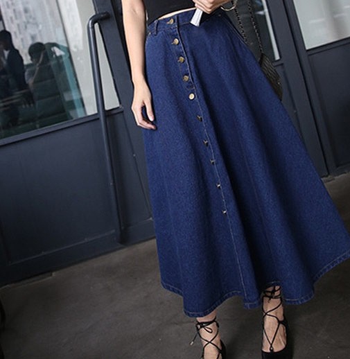 レディース　スカート　ミモレ丈　ロングスカート　マキシスカート　フレアスカート　デニム　ジーンズ　ブルー　青　送料無料