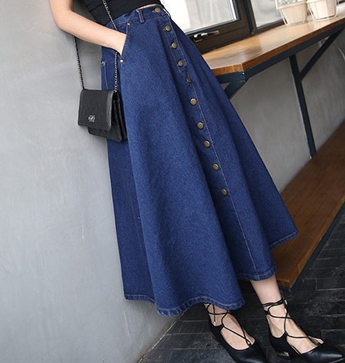レディース　スカート　ミモレ丈　ロングスカート　マキシスカート　フレアスカート　デニム　ジーンズ　ブルー　青　送料無料