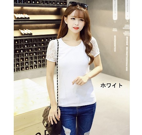 レディース　トップス　Tシャツ　レース　袖　透け感　上品　ブラック　黒　ホワイト　白　送料無料