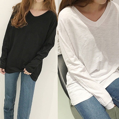 レディース　トップス　Tシャツ　カットソー　Vネック　長袖　シンプル　無地　キュート　かわいい　フリーサイズ　カジュアル　大人可愛い　フェミニン　ルームウェア　リラックス　ブラック　ホワイト　グレー　送料無料