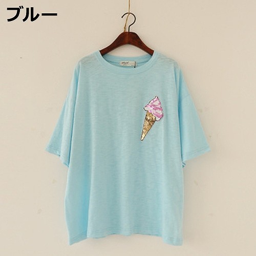 レディース　トップス　Tシャツ　カットソー　ラウンドネック　半袖　シンプル　ワンポイント　キュート　かわいい　フリーサイズ　カジュアル　大人可愛い　フェミニン　デート　お出かけ　ブルー　ホワイト　オレンジ　送料無料