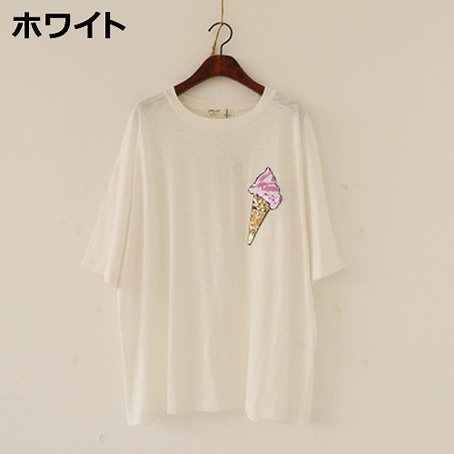 レディース　トップス　Tシャツ　カットソー　ラウンドネック　半袖　シンプル　ワンポイント　キュート　かわいい　フリーサイズ　カジュアル　大人可愛い　フェミニン　デート　お出かけ　ブルー　ホワイト　オレンジ　送料無料
