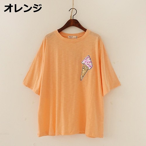 レディース　トップス　Tシャツ　カットソー　ラウンドネック　半袖　シンプル　ワンポイント　キュート　かわいい　フリーサイズ　カジュアル　大人可愛い　フェミニン　デート　お出かけ　ブルー　ホワイト　オレンジ　送料無料