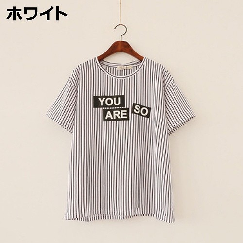 レディース　トップス　Tシャツ　カットソー　ラウンドネック　半袖　シンプル　ストライプ　キュート　かわいい　フリーサイズ　カジュアル　大人可愛い　フェミニン　デート　お出かけ　ホワイト　ブラック　送料無料