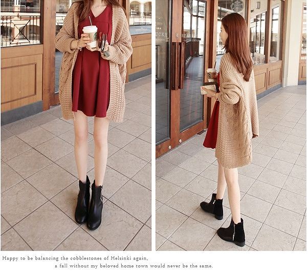 レディース　トップス　ロング　ニット　カーディガン　コーディガン　ざっくり編み　無地　ゆったり　シンプル　長袖　カジュアル　大人可愛い　フェミニン　春　オフィス　通勤　OL　デート　お出かけ　デイリー　レッド　ブラウン　送料無料