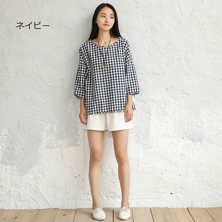 レディース　トップス　ギンガムチェック　ブラウス　七分袖　Tシャツ　ラウンドネック　シャツ　春　夏　女性　大人　カジュアル　キュート　可愛い　おしゃれ　ファッション　ネイビー　レッド　ブラック　フリーサイズ　ワンサイズ　送料無料