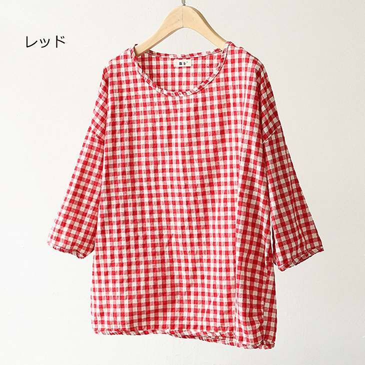 レディース　トップス　ギンガムチェック　ブラウス　七分袖　Tシャツ　ラウンドネック　シャツ　春　夏　女性　大人　カジュアル　キュート　可愛い　おしゃれ　ファッション　ネイビー　レッド　ブラック　フリーサイズ　ワンサイズ　送料無料