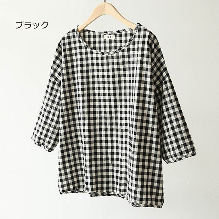 レディース　トップス　ギンガムチェック　ブラウス　七分袖　Tシャツ　ラウンドネック　シャツ　春　夏　女性　大人　カジュアル　キュート　可愛い　おしゃれ　ファッション　ネイビー　レッド　ブラック　フリーサイズ　ワンサイズ　送料無料