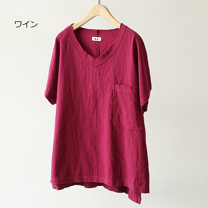 レディース　トップス　Tシャツ　半袖　ショートスリーブ　Vネック　春　夏　女性　大人　カジュアル　キュート　可愛い　おしゃれ　ファッション　ホワイト　ネイビー　ワイン　ソリッドカラー　無地　フリーサイズ　ワンサイズ　送料無料