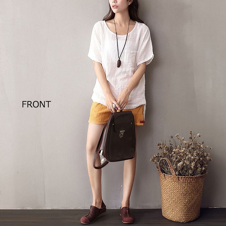 レディース　トップス　リネン　Tシャツ　半袖　ショートスリーブ　ラウンドネック　春　夏　女性　大人　カジュアル　キュート　可愛い　おしゃれ　ファッション　ホワイト　レッド　クリーム　ネイビー　ソリッドカラー　無地　フリーサイズ　ワンサイズ　送料無料