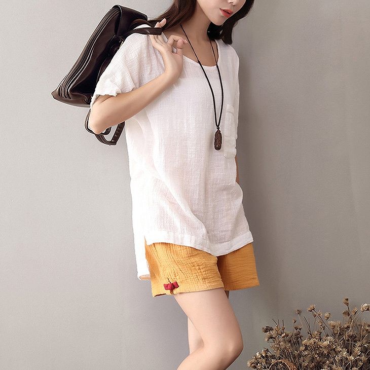 レディース　トップス　リネン　Tシャツ　半袖　ショートスリーブ　ラウンドネック　春　夏　女性　大人　カジュアル　キュート　可愛い　おしゃれ　ファッション　ホワイト　レッド　クリーム　ネイビー　ソリッドカラー　無地　フリーサイズ　ワンサイズ　送料無料