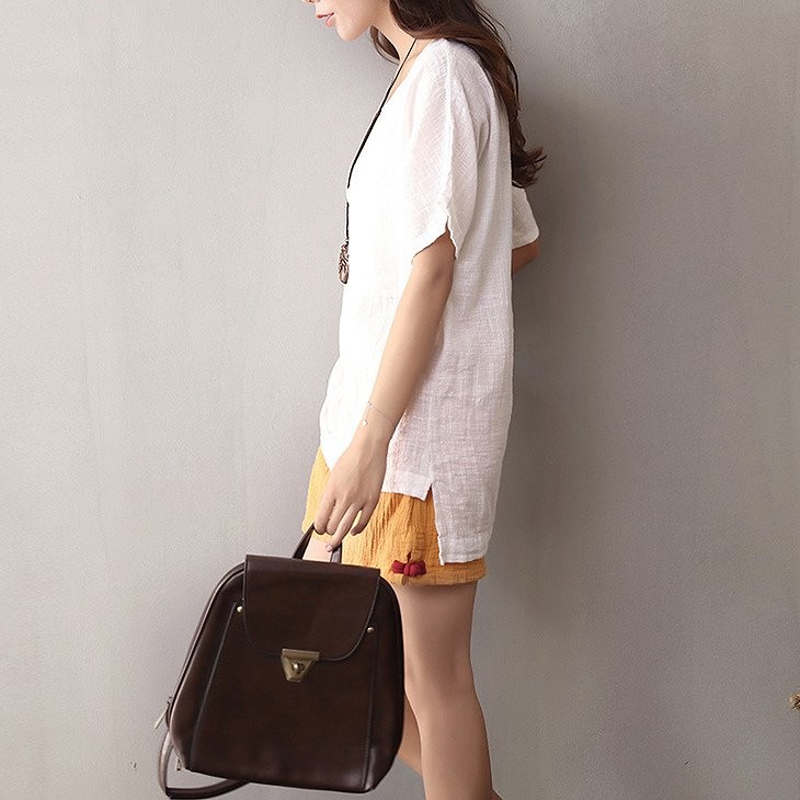 レディース　トップス　リネン　Tシャツ　半袖　ショートスリーブ　ラウンドネック　春　夏　女性　大人　カジュアル　キュート　可愛い　おしゃれ　ファッション　ホワイト　レッド　クリーム　ネイビー　ソリッドカラー　無地　フリーサイズ　ワンサイズ　送料無料