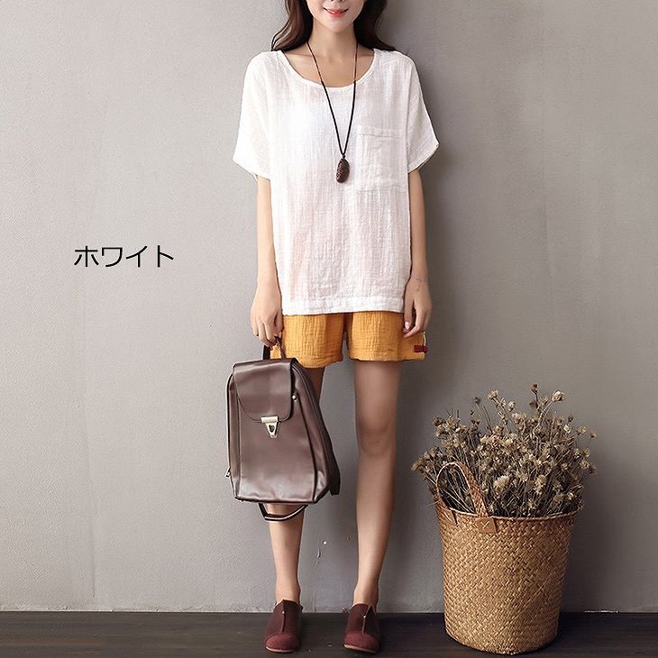 レディース　トップス　リネン　Tシャツ　半袖　ショートスリーブ　ラウンドネック　春　夏　女性　大人　カジュアル　キュート　可愛い　おしゃれ　ファッション　ホワイト　レッド　クリーム　ネイビー　ソリッドカラー　無地　フリーサイズ　ワンサイズ　送料無料