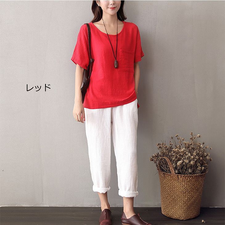 レディース　トップス　リネン　Tシャツ　半袖　ショートスリーブ　ラウンドネック　春　夏　女性　大人　カジュアル　キュート　可愛い　おしゃれ　ファッション　ホワイト　レッド　クリーム　ネイビー　ソリッドカラー　無地　フリーサイズ　ワンサイズ　送料無料