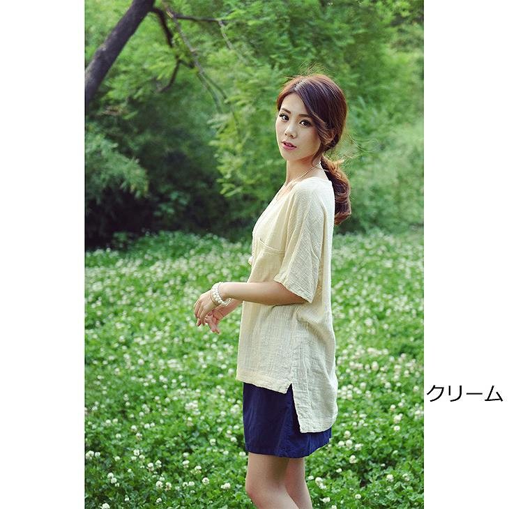 レディース　トップス　リネン　Tシャツ　半袖　ショートスリーブ　ラウンドネック　春　夏　女性　大人　カジュアル　キュート　可愛い　おしゃれ　ファッション　ホワイト　レッド　クリーム　ネイビー　ソリッドカラー　無地　フリーサイズ　ワンサイズ　送料無料