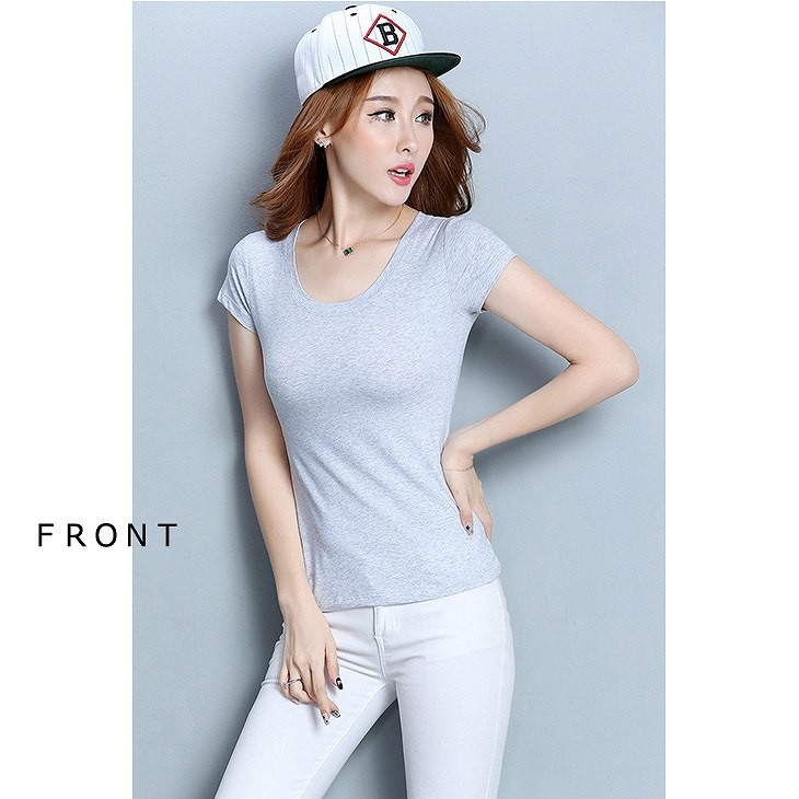 レディース　トップス　Tシャツ　半袖　ショートスリーブ　Uネック　ラウンドネック　春　夏　女性　大人　カジュアル　キュート　可愛い　おしゃれ　グレー　ピンク　ホワイト　ライトピンク　ブラック　ソリッドカラー　無地　フリーサイズ　ワンサイズ　送料無料