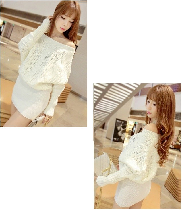 レディース　トップス　ロング　ドルマン　ニット　セーター　オフショルダー　無地　シンプル　長袖　暖かい　フリーサイズ　カジュアル　大人可愛い　フェミニン　デート　お出かけ　デイリー　ホワイト　ピンク　アイボリー　送料無料