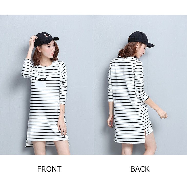 レディース　ワンピース　ボーダー　ミニスカート　スリット　ポケット　クルーネック　ボトムス　春　夏　女性　大人　カジュアル　キュート　可愛い　おしゃれ　ファッション　ホワイト　白　S　M　L　サイズ　送料無料