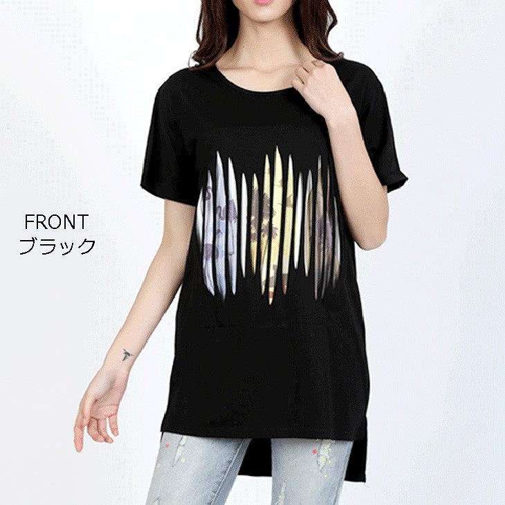 レディース　トップス　Tシャツ　無地　カットソー　Ｕネック　半袖　綿　ロング　シンプル　プリント　フィッシュテール　アシンメトリー　ゆったり　カジュアル　大人可愛い　フェミニン　デート　お出かけ　普段着　ブラック　黒　ホワイト　白　グレー　送料無料