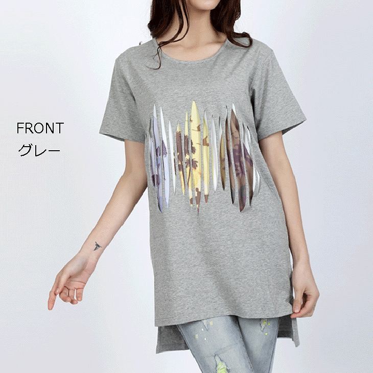 レディース　トップス　Tシャツ　無地　カットソー　Ｕネック　半袖　綿　ロング　シンプル　プリント　フィッシュテール　アシンメトリー　ゆったり　カジュアル　大人可愛い　フェミニン　デート　お出かけ　普段着　ブラック　黒　ホワイト　白　グレー　送料無料