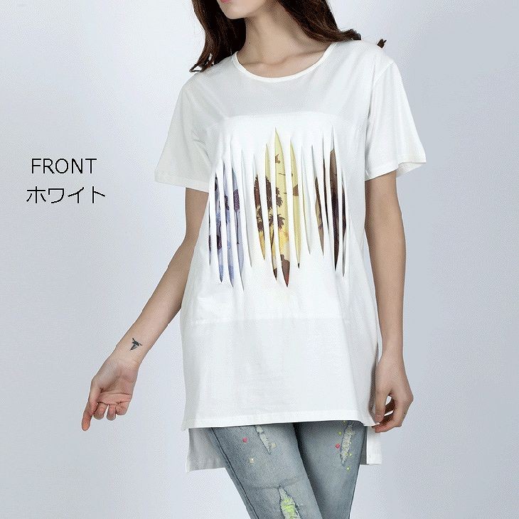 レディース　トップス　Tシャツ　無地　カットソー　Ｕネック　半袖　綿　ロング　シンプル　プリント　フィッシュテール　アシンメトリー　ゆったり　カジュアル　大人可愛い　フェミニン　デート　お出かけ　普段着　ブラック　黒　ホワイト　白　グレー　送料無料