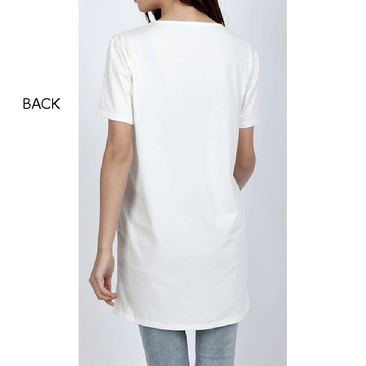 レディース　トップス　Tシャツ　無地　カットソー　Ｕネック　半袖　綿　ロング　シンプル　プリント　フィッシュテール　アシンメトリー　ゆったり　カジュアル　大人可愛い　フェミニン　デート　お出かけ　普段着　ブラック　黒　ホワイト　白　グレー　送料無料