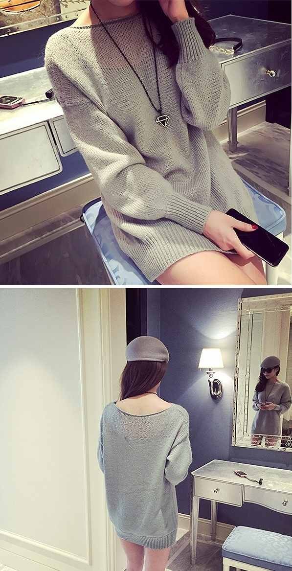 レディース　トップス　ロング　ニット　セーター　ラウンドネック　無地　シンプル　長袖　カジュアル　大人可愛い　フェミニン　デート　お出かけ　デイリー　グレー　ブラック　送料無料
