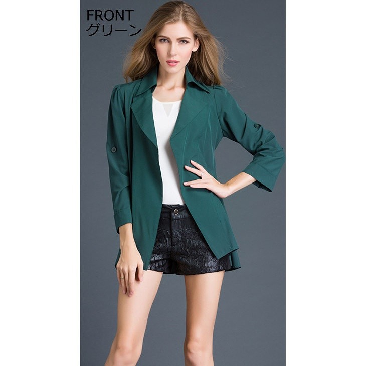 レディース　チェスターコート　アウター　春コート　スプリングコート　トレンチコート　ジャケット　長袖　7分袖　フェミニン　おしゃれ　シンプル　きれい　カジュアル　ビジネス　クール　通勤　グリーン　送料無料