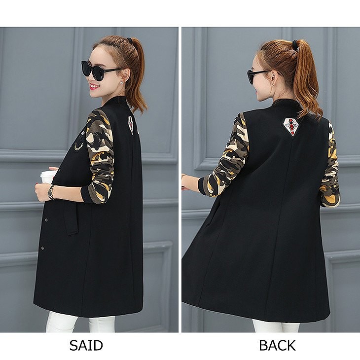 レディース　アウター　上着　ロング　ジャケット　スタジャン　カジュアル　着痩せ　迷彩　ブラック　黒　カーキ　アーミーグリーン　送料無料