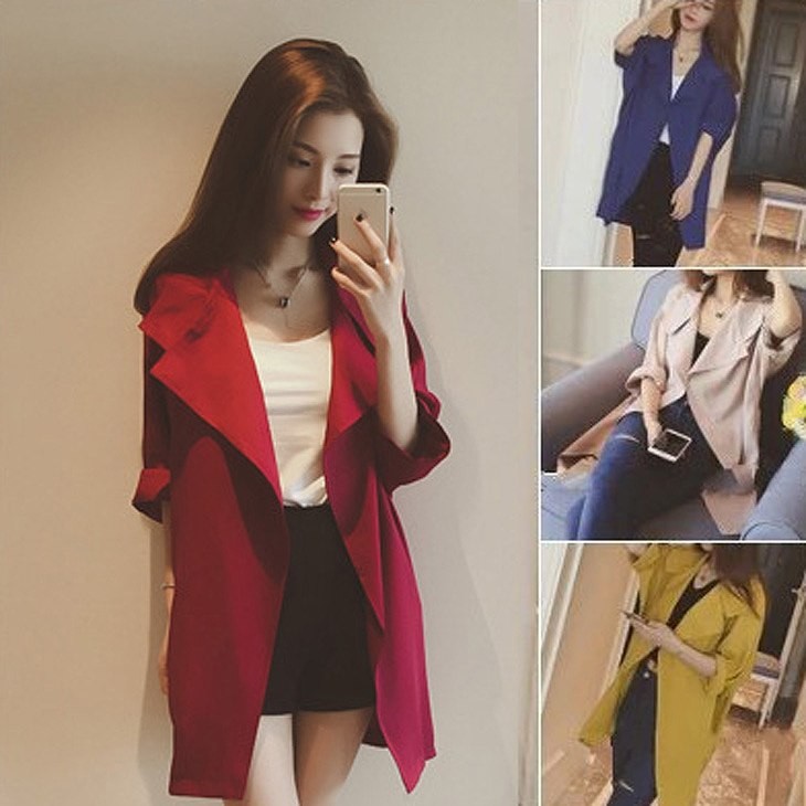 レディース　アウター　上着　スプリングコート　テロンチ　トレンチ　七分　袖　ゆったり　春　秋　ブルー　イエロー　レッド　アプリコット　送料無料