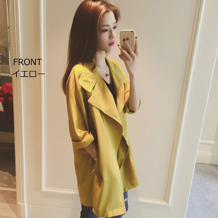 レディース　アウター　上着　スプリングコート　テロンチ　トレンチ　七分　袖　ゆったり　春　秋　ブルー　イエロー　レッド　アプリコット　送料無料
