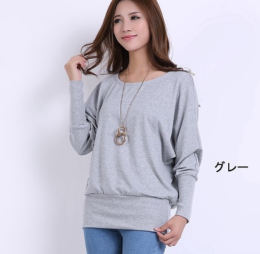 レディース　トップス　ドルマン　カットソー　Tシャツ　ラウンドネック　長袖　無地　シンプル　カジュアル　大きいサイズ　スポーツ　ヨガ　ダンス　ラフスタイル　ルームウェア　デイリー　ブラック　グレー　送料無料