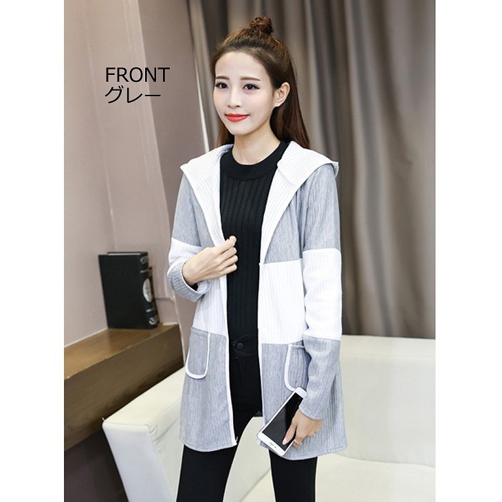 レディース　アウター　上着　ロング　パーカー　コート　ジャケット　フード　ボーダー　グレー　ホワイト　送料無料