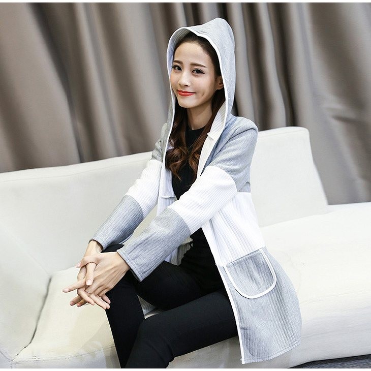 レディース　アウター　上着　ロング　パーカー　コート　ジャケット　フード　ボーダー　グレー　ホワイト　送料無料