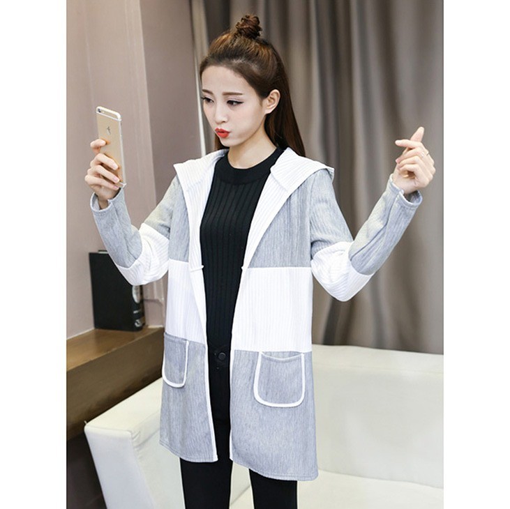 レディース　アウター　上着　ロング　パーカー　コート　ジャケット　フード　ボーダー　グレー　ホワイト　送料無料