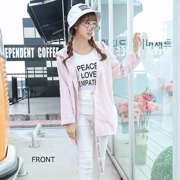 レディース　アウター　上着　ロング　パーカー　スプリングコート　フード　カジュアル　ピンク　送料無料