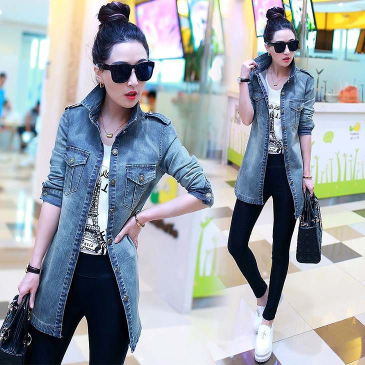 レディース　デニムシャツ　ロング丈　長袖　大きいサイズ　ジャケット　コート　春　おしゃれ　カジュアル　デート　お出かけ　ネイビー　送料無料