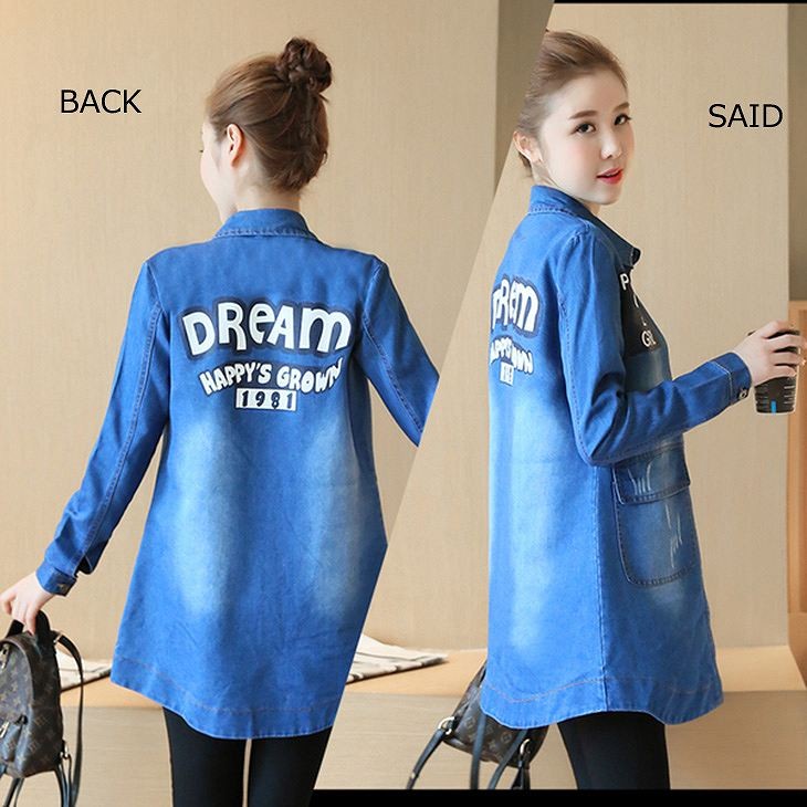 レディース　デニムシャツ　ロング丈　長袖　大きいサイズ　ジャケット　コート　春　おしゃれ　ゆったり　プリント　カジュアル　デート　お出かけ　ネイビー　送料無料