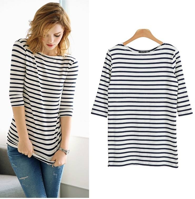 レディース　トップス　カットソー　Tシャツ　ラウンドネック　定番　ボーダー　シンプル　5分袖　カジュアル　大人可愛い　フェミニン　春夏　オフィス　通勤　OL　デート　お出かけ　デイリー　ホワイト×ブラック　送料無料