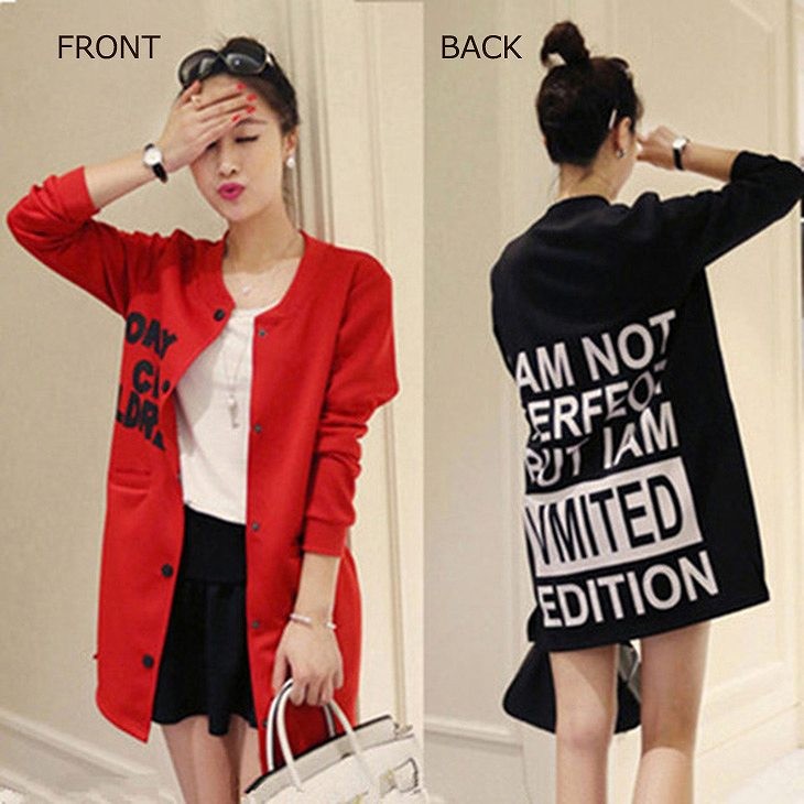 レディース　ジャンパー　ロング丈　ノーカラー　ボタン　長袖　大きいサイズ　春　おしゃれ　カジュアル　デート　お出かけ　レッド　ブラック　送料無料