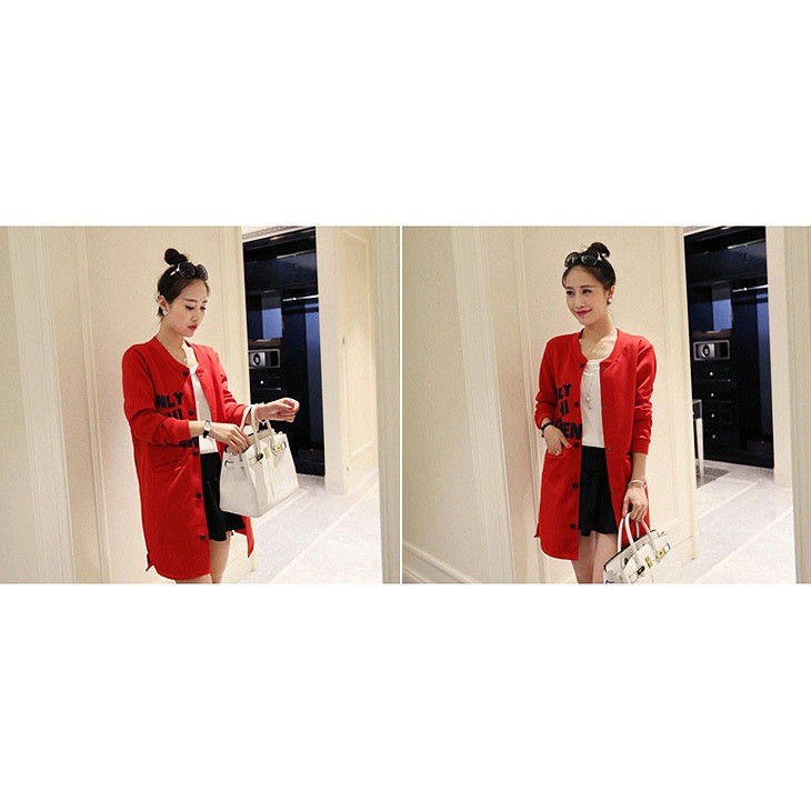 レディース　ジャンパー　ロング丈　ノーカラー　ボタン　長袖　大きいサイズ　春　おしゃれ　カジュアル　デート　お出かけ　レッド　ブラック　送料無料