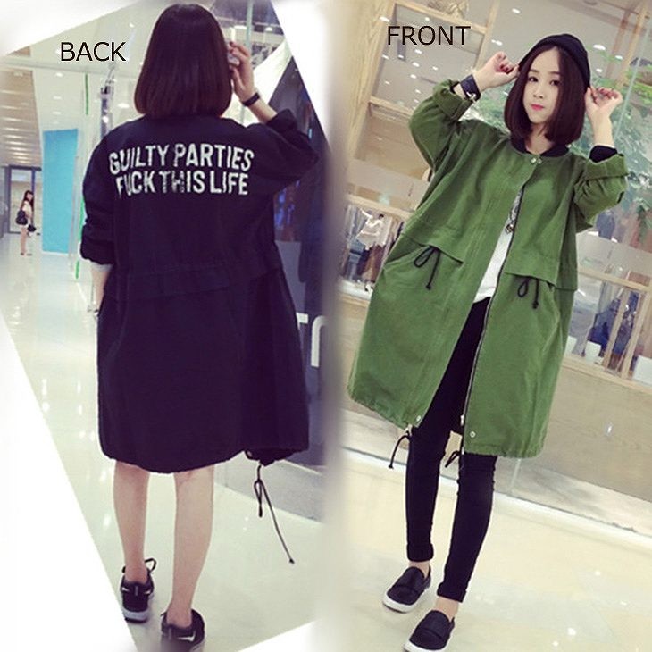 レディース　ノーカラーコート　ロング丈　フルジップ　長袖　大きいサイズ　春　おしゃれ　カジュアル　デート　お出かけ　グリーン　ブラック　送料無料