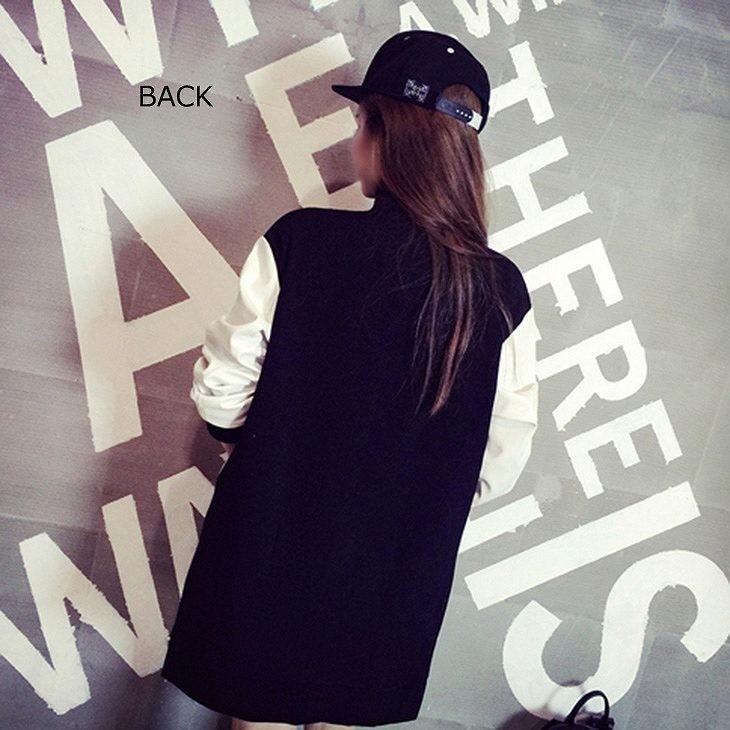 レディース　スタジアムジャンパー　ロング丈　長袖　大きいサイズ　春　コート　ジャケット　ゆったり　おしゃれ　カジュアル　デート　お出かけ　ブラック　送料無料