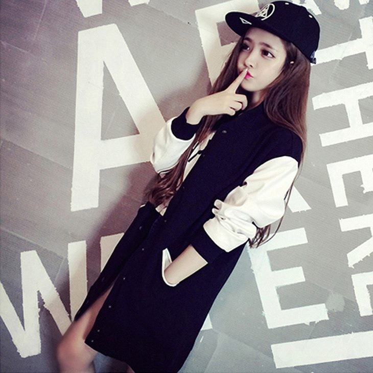 レディース　スタジアムジャンパー　ロング丈　長袖　大きいサイズ　春　コート　ジャケット　ゆったり　おしゃれ　カジュアル　デート　お出かけ　ブラック　送料無料