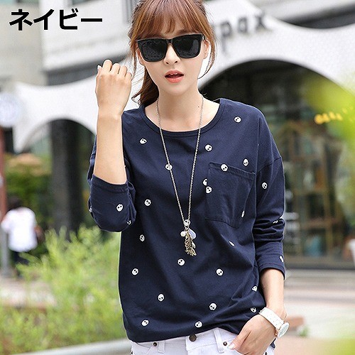 レディース　トップス　Tシャツ　カットソー　長袖　綿　シンプル　ポケット　スカル柄　プリント　ラウンドネック　大きいサイズ　カジュアル　大人可愛い　フェミニン　デート　お出かけ　普段着　グレー　ネイビー　ピンク　送料無料